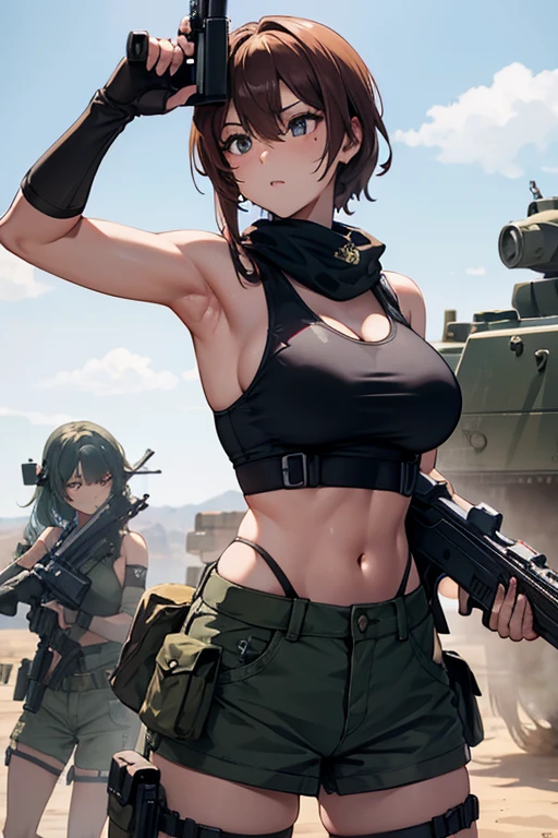 Survival Games Beautuful Women Shoot with a gun、Tank tops、Glamour、meaty