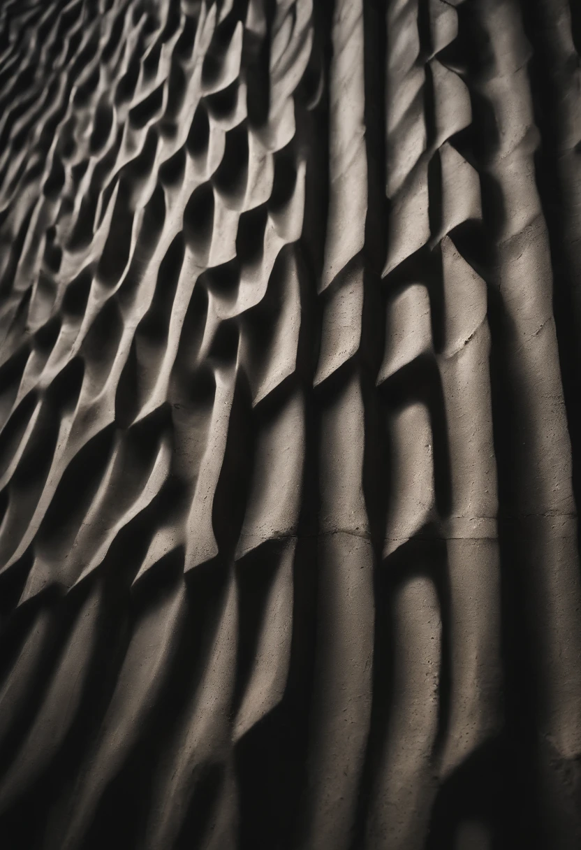 A high-definition image of a concrete wall with large, deep grooves or imprints, creating a bold and dramatic texture that adds depth and visual interest to the space