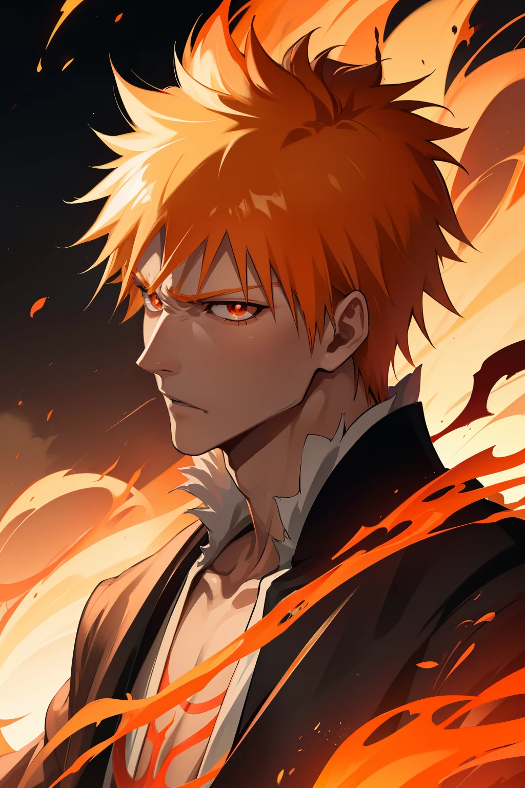 Ichigo Kurosaki, close up, orange color hair, Glowing red eyes, rage face, call out, blur backgroun, tmasterpiece, 8K, k hd, With his sword,Fire effects