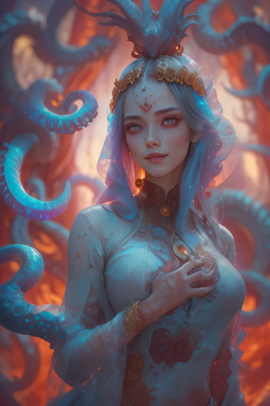 a very beautiful savage symmetric girl with squid embedded into her hair, fantastic forest, fantasy, ghosts, surrounded by roots, portrait, sharp focus, intricate, elegant, digital painting, artstation, matte, highly detailed, concept art, illustration, ambient lighting, (art by ilya kuvshinov, artgerm, alphonse mucha, and greg rutkowski:1.1), midsonmar  <lora:PastelPunkXL:0.58> <lora:Particles_Style_SDXL:0.68> ais-particlez, subsurface scattering, Photorealistic, Hyperrealistic, analog style, realistic, film photography, soft lighting, heavy shadow