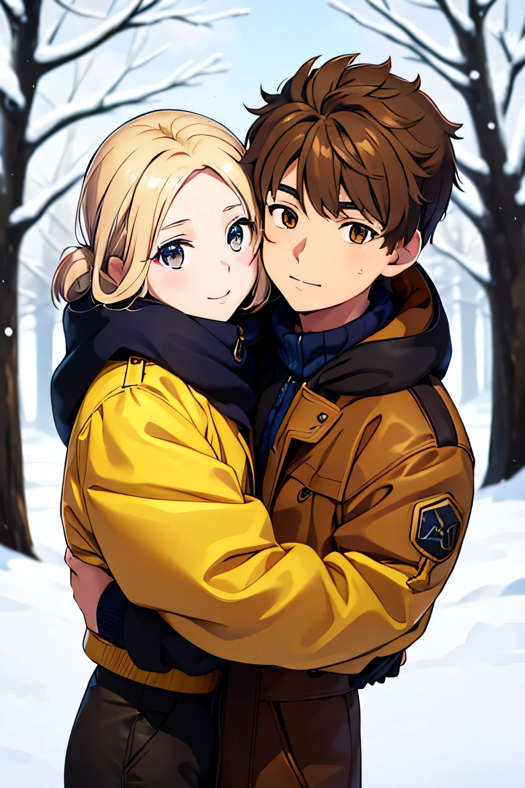 Winter landscape, Winter Forest, winter, snowfall. Beautiful blonde 13 years old., dressed in a yellow-brown jacket and a brown-eyed brunette boy of 13 years old., in a dark blue jacket, hugging each other