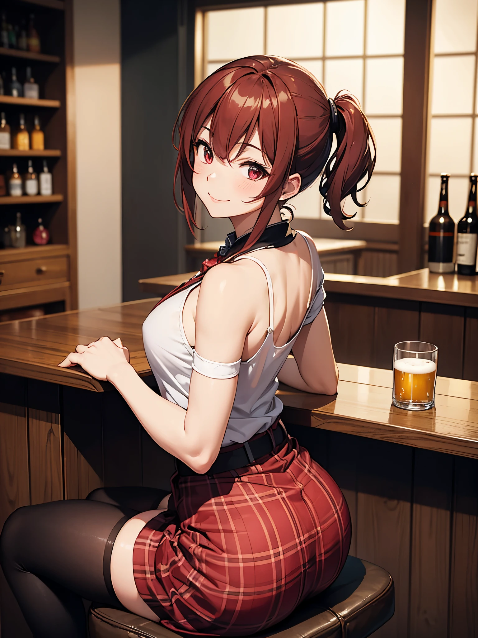 mature 1Woman, horny blush, smiling smugly, drunk, (perfect face). perfect anatomy, attractive, large red eyes, short red hair, rendered eyes, detailed eyes, wearing Black off shoulder top and plaid skirt. back and butt towards viewer, turning head to viewer, side view, , simple pose, sitting on 1 legged leather stool, arching ass towards viewer, in Japanese bar, (alone), Horizontal bar counter, chest height counter, beer glass on counter, simple background, dark atmosphere, dark background, 16K, perfect quality ,masterpiece, highest quality, very high resolution, shot straight