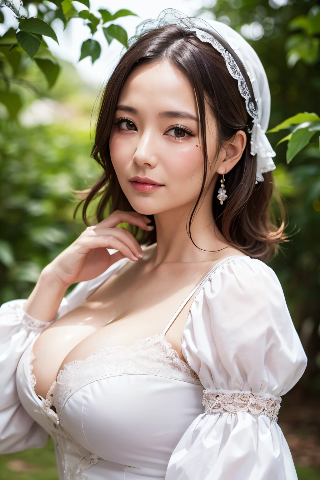 (masutepiece:1.2), High Definition, High quality,(60-year-old woman:1.2)、(Wrinkles on the face:1.2)、Beautie、raor gown, Sweet ta, Puffy sleeves,Big breasts