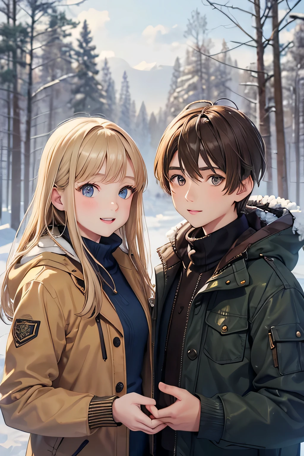 Winter landscape, Winter Forest, winter, snowfall. Beautiful blonde . (good face rendering), dressed in a yellow-brown jacket and a brown-eyed brunette boy of 13 years old rendering), in a dark blue jacket, go hand in hand