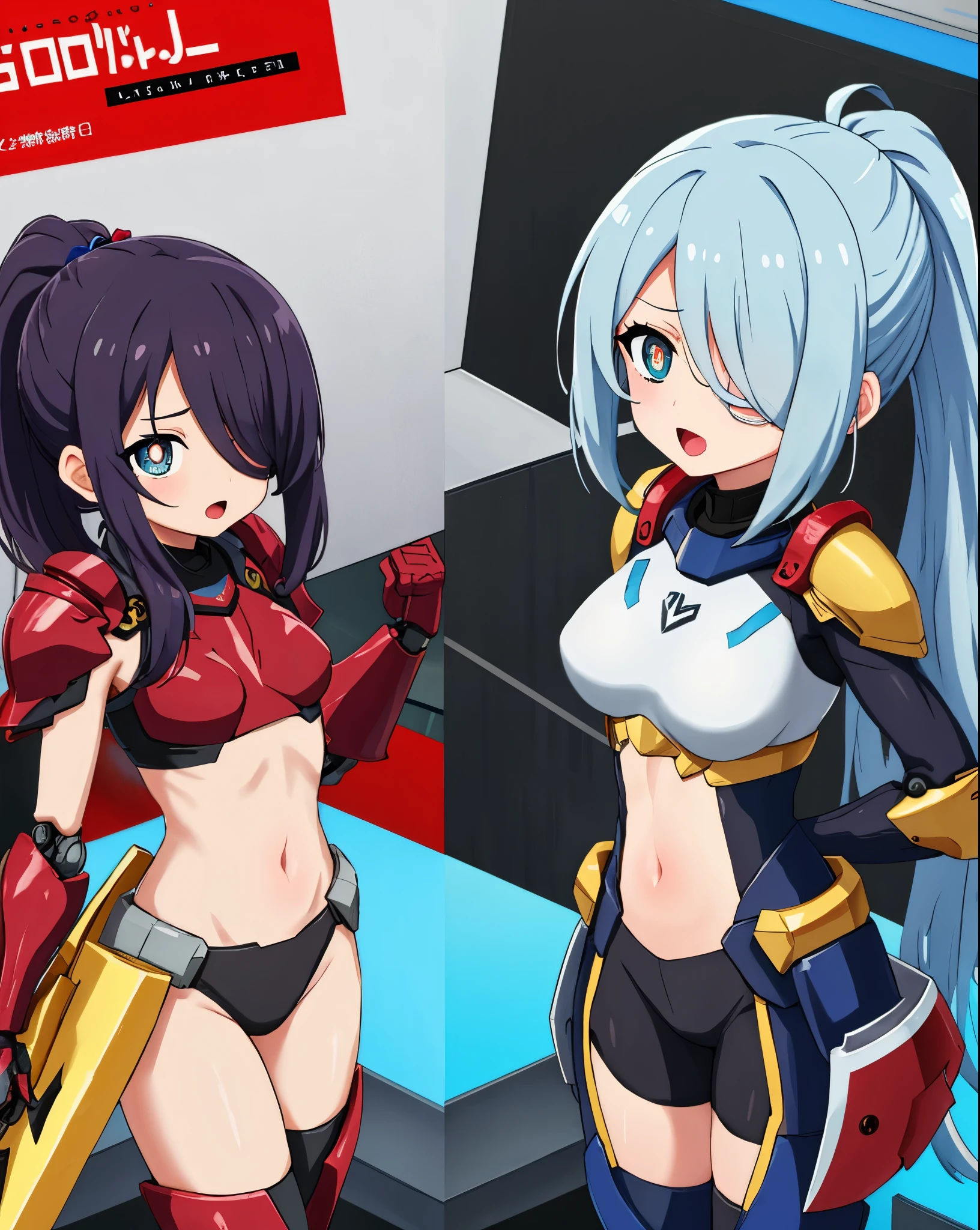 Japanese_anime_style,1small_figure_girl,(loli:1.5), (short_ponytail:1.3), (light_blue_hair:1.3),black_mechanical_armor_parts,white_breasts_parts_red_black_body_suit,bare_shoulder,bare_slender_thighs,medium_breasts,on_the_desk, desk_background,Stinging_eyes,(half_pupil:1.5),sleepy,thighhigh_greaves,gauntlets,dynamic_posing,bare_frank,metal_red_parts_armor,red_eye,
fists,1glowing_sword,hold_sword_hilt,glare,navel,large_mechanical_parts,happy,waist_armor,open_mouth,rise_legs,apart_legs, (covered_navel:1.3),(very_long_bangs:1.3), (hair_over_one_eye:1.5),(long_bang_covers_right_half_of_face:1.5),
(covered_pussy:1.1),covered_breasts