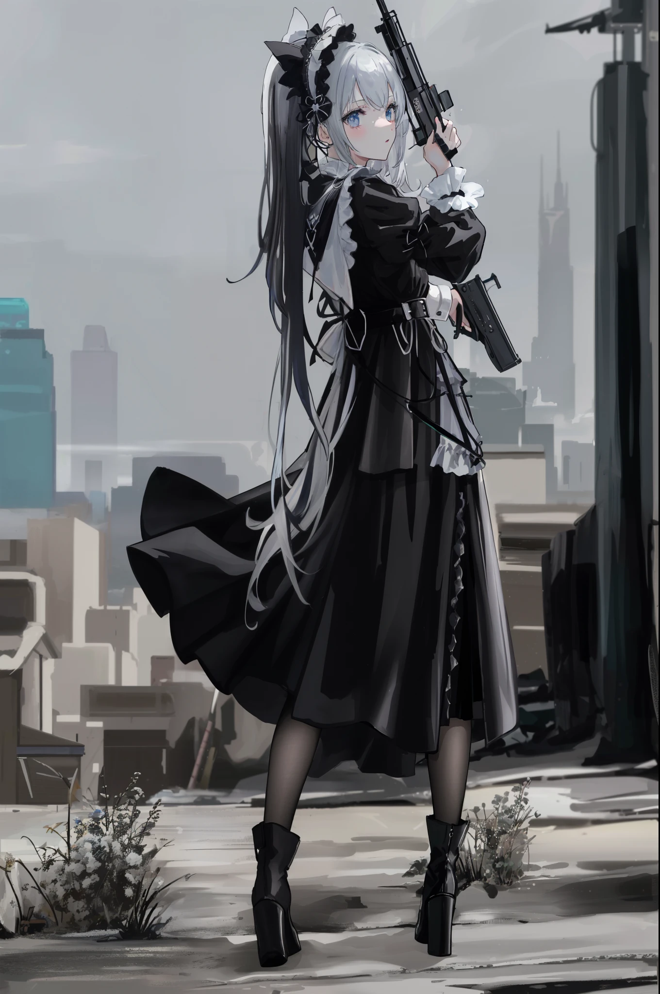 araffe dressed in black and white holding two guns, wearing modern gothic clothes, black gothic lolita dress, wearing japanese techwear, anime girl , cyberpunk dress, cyberpunk fashion clothing, gothic maiden anime girl, techwear occultist, victorian gothic lolita fashion, anime , gothic clothes, fashionable dark witch, wearing a gothic dress, dark gothic dress