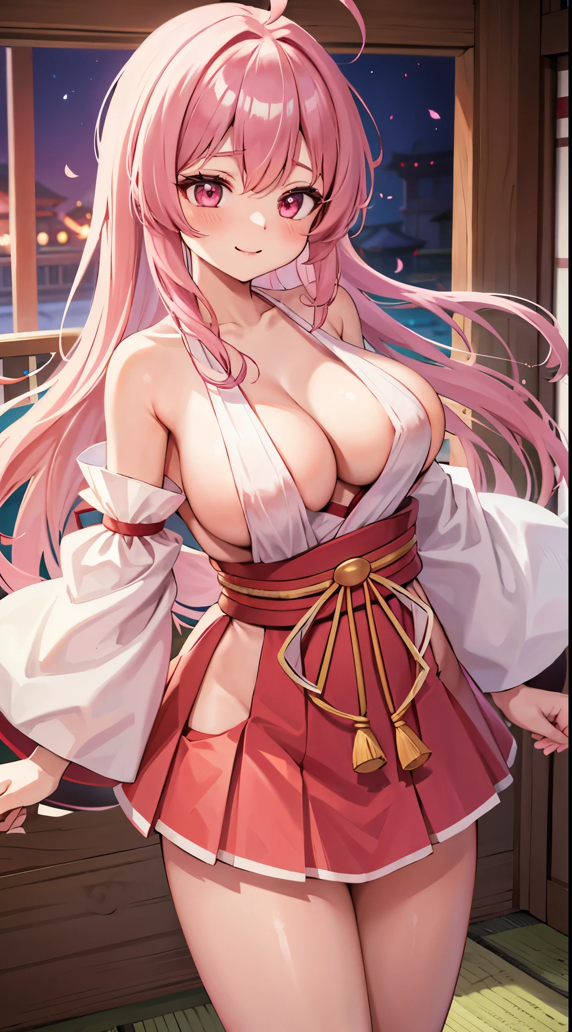 1 girl, game cg, shrine maiden, japanese clothes, detached sleeves,
hakama short skirt, gigantic breasts, pink hair, long hair, straight hair, ahoge, pink eyes, smile, blush, dynamic, Japanese shrines,