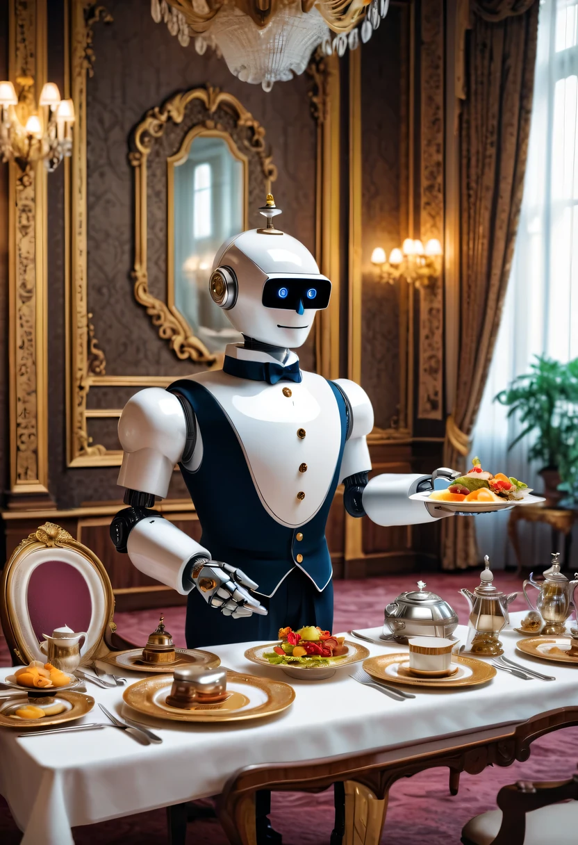 A robot butler serves a variety of dishes in an ornate dining room...,  Robot Butler, in an elegant butler&#39;Attire, luxurious room of a rich palace