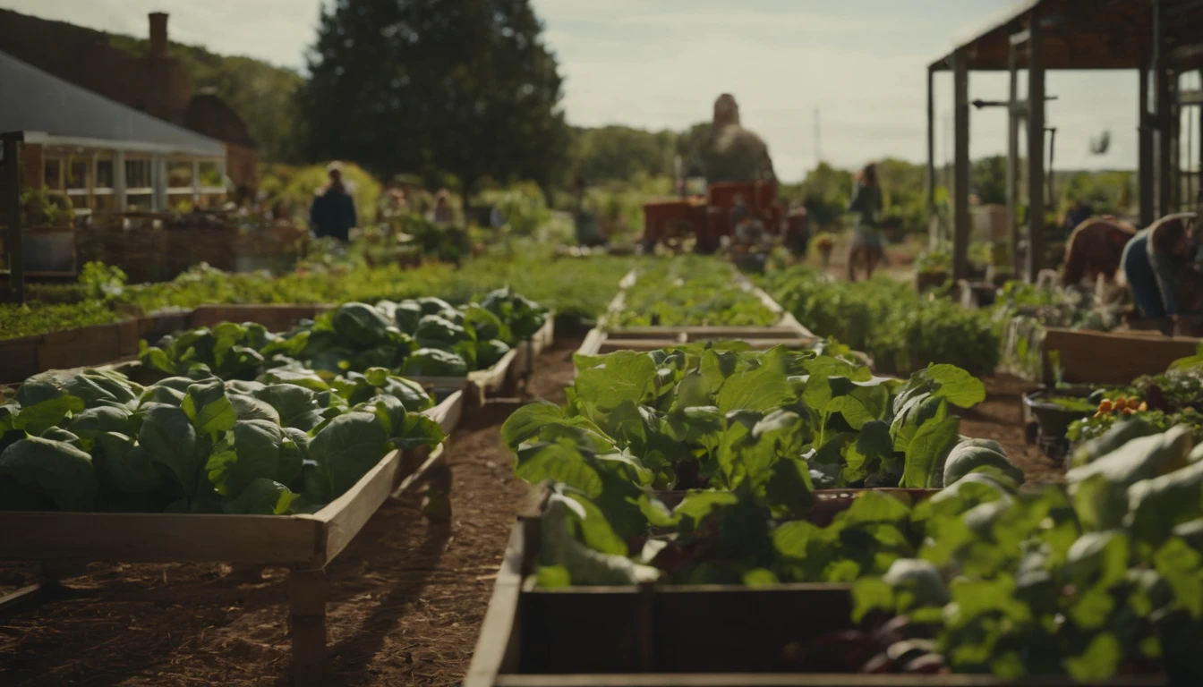 An image capturing a community garden orm, showcasing sustainable agriculture practices and the importance of local food production