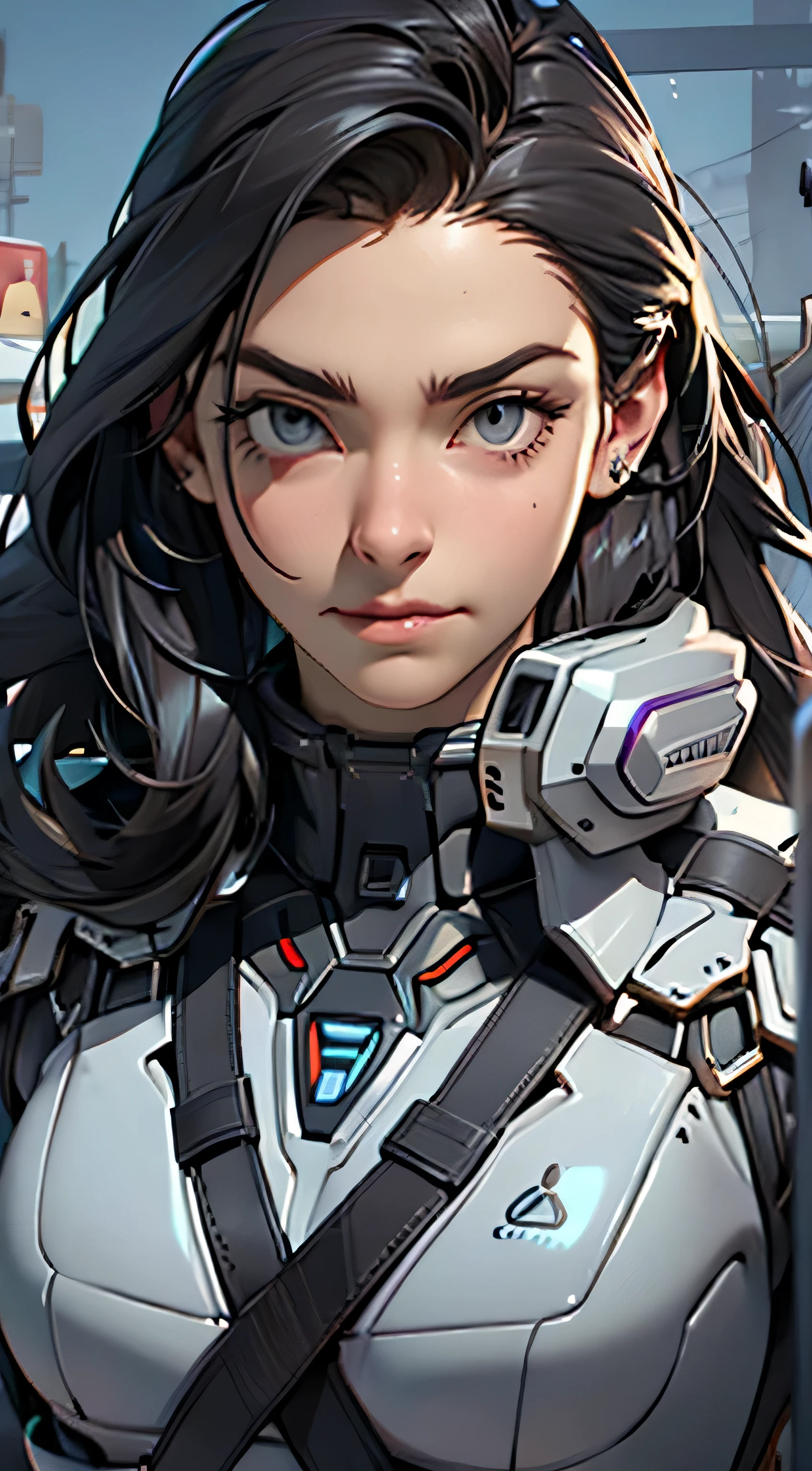 high detal, Clear edges, High-precision game realistic style, Young woman with beautiful facial features, Call the shots, By gestures, pointing, brunette color hair, military style clothing, Mech accessories, looks into camera. The gaze is sharp and determined, Momentum is strong, Bright surroundings, beautiful light up