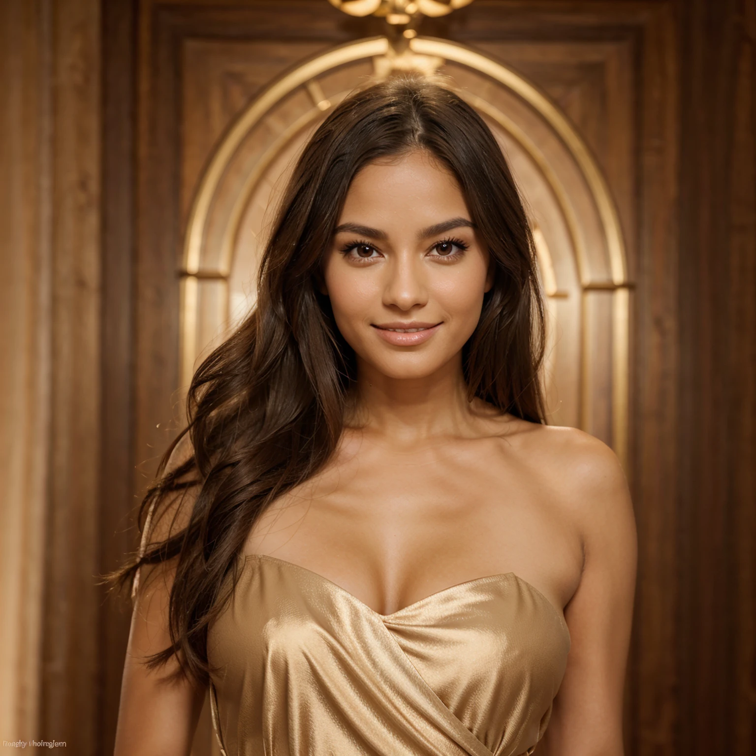 Use the exact perfect face of the base image. Long Dark brown hair colour. Hazel green eye colour. Equal face features. Subtle cheek dimples. happy, smiling, fun expression. Skin tone is tanned. Age 30 years old. wearing a long, sleek, evening dress. Realistic. Red carpet background.