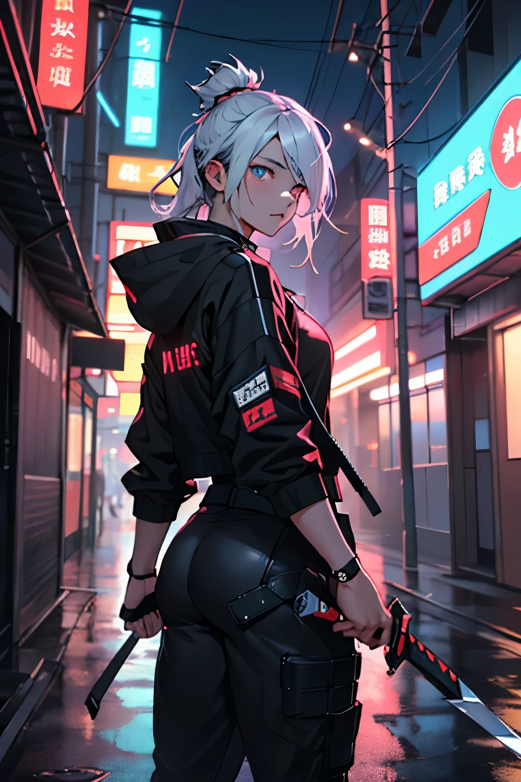 1girl, Alone, girl, futuristic outfit, Neon Samurai, Cyberpunk neon,  the night,  {{(tmasterpiece),(extremely detailed CG unified 8k wallpaperest quality at best,Alone,电影灯光,detailedbackground, A detailed eye, pretty eyes, photorealistic eye,  Rear view of hand holding weapon