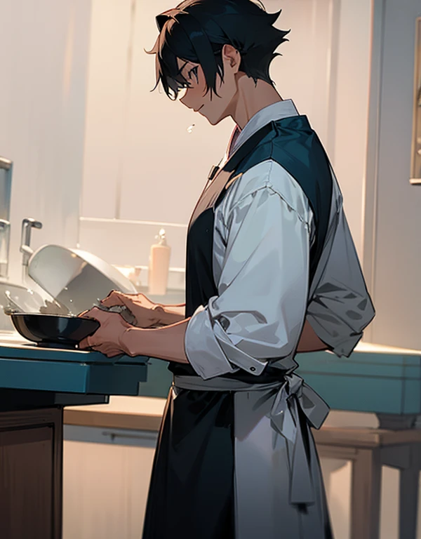 (masterpiece, highest quality, best quality, highest detailed, perfect face) 1 male, adult, muscular, wide man, angular face, medium purple hair, violet eyes, (Clothes: black compression t-shirt, kitchen accessories , apron) in a fast food kitchen, cooking, lots of food, lewd smile, licking lips