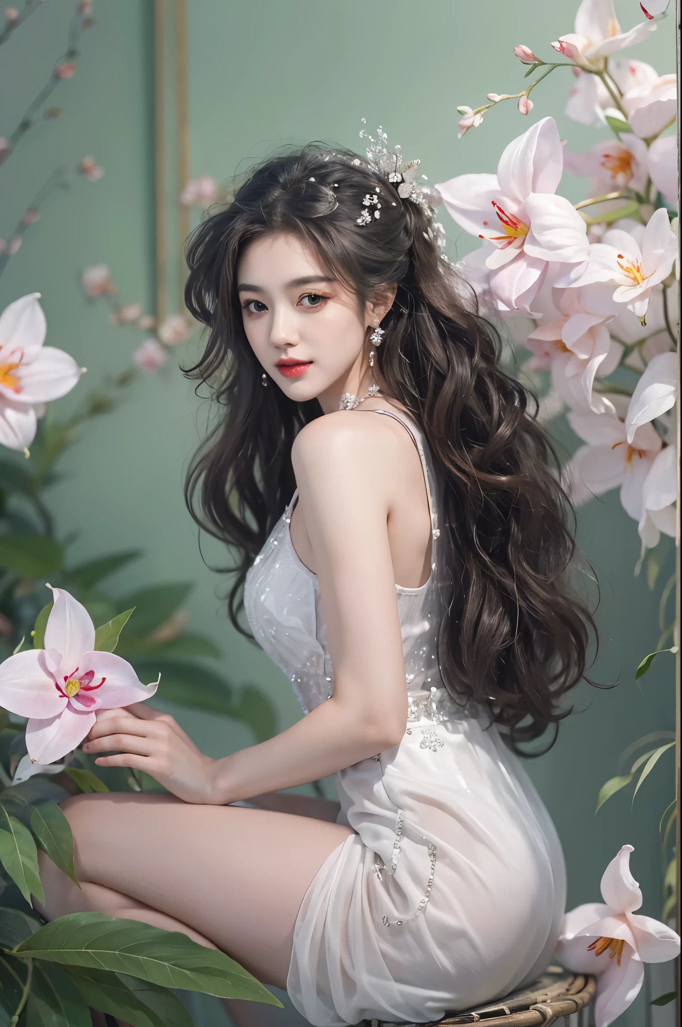 long dress,dress,  ((full body)), (Sit Pose, Cross ed leg), Redlip, A mature woman, cosmetics, フォトリアリスティック、real photograph、((realistically:1.5))、White phalaenopsis around hair，Lilac dendrobium、white lilies、1 girl、Brown hair、floated hair、A plump chest, slim toned body, Charming legs, Hefty Smile, Strike elegant poses, Have extremely beautiful facial features、Hairpin on the head、perfect hand、(natta、themoon、precipice)、 vectorial art、Chinese contemporary art、gentlesoftlighting、