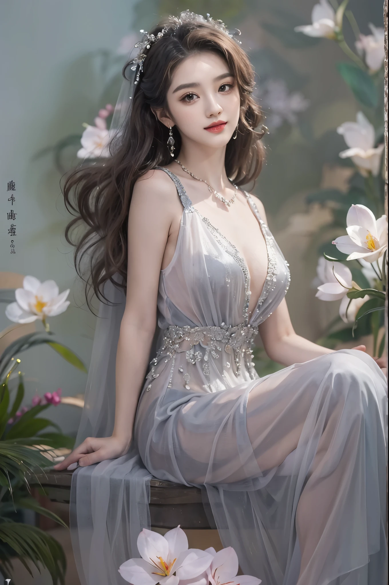 long dress,dress,  ((full body)), (Sit Pose, Cross ed leg), Redlip, A mature woman, cosmetics, フォトリアリスティック、real photograph、((realistically:1.5))、White phalaenopsis around hair，Lilac dendrobium、white lilies、1 girl、Brown hair、floated hair、A plump chest, slim toned body, Charming legs, Hefty Smile, Strike elegant poses, Have extremely beautiful facial features、Hairpin on the head、perfect hand、(natta、themoon、precipice)、 vectorial art、Chinese contemporary art、gentlesoftlighting、