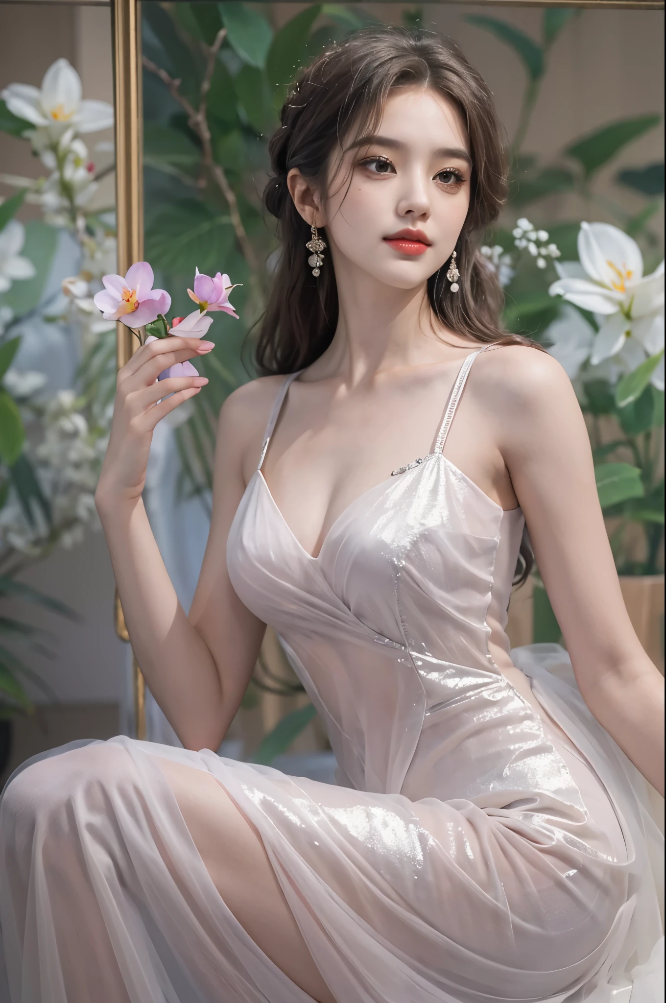 long dress,dress,  ((full body)), (Sit Pose, Cross ed leg), Redlip, A mature woman, cosmetics, フォトリアリスティック、real photograph、((realistically:1.5))、White phalaenopsis around hair，Lilac dendrobium、white lilies、1 girl、Brown hair、floated hair、A plump chest, slim toned body, Charming legs, Hefty Smile, Strike elegant poses, Have extremely beautiful facial features、Hairpin on the head、perfect hand、(natta、themoon、precipice)、 vectorial art、Chinese contemporary art、gentlesoftlighting、