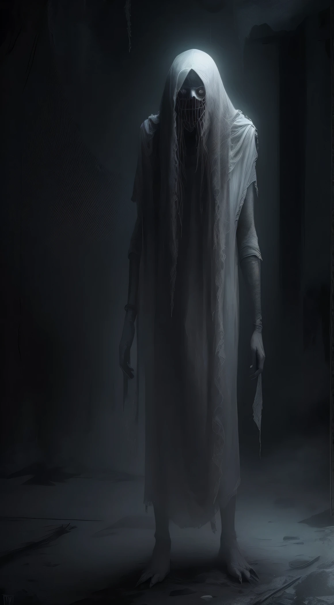 A creature with a pale and faceless appearance emerges from the darkness in a terrifying and terrifying atmosphere... The creature has only black eyes, which enhances his eerie presence. The image must be of the highest quality, with ultra-detailed features and high resolution 4k or 8k. portraite of a, a closeup of a, A work of art should reflect the essence of horror and convey a feeling of fear and horror... Lighting should be dim and atmospheric.., further increase in anxious mood.