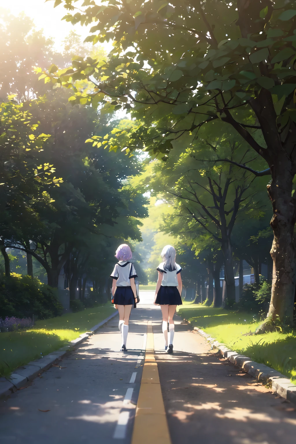 ((modern floor))((The road has no end)),((Green belt under the shade of the road)), ((The sun shines onto the ground from the gaps in the leaves)), ((Two beautiful high school girls)),(one with silver hair,Short height),(One with lilac hair,Tall height),((Characters are close to the camera)),Back Shadow,Characters have details