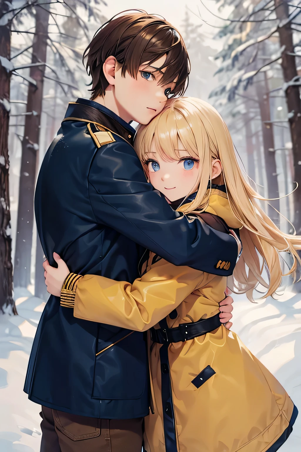 Winter landscape, Winter Forest, winter, snowfall. Beautiful blonde ., dressed in a yellow-brown jacket and a brown-eyed brunette boy of 13 years old blue jacket, hugging each other