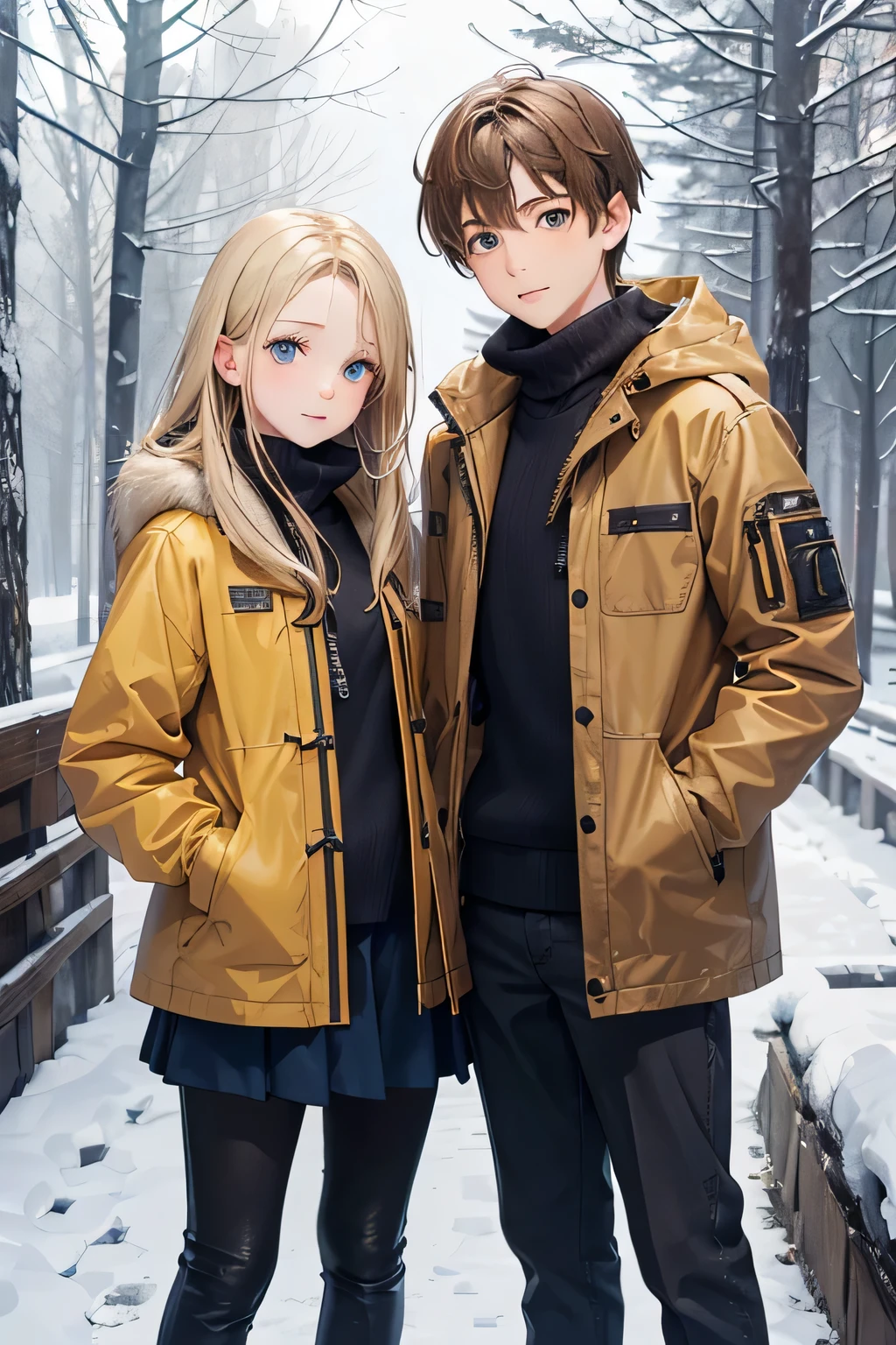 Winter landscape, Winter Forest, winter, snowfall. Beautiful blonde . (good face rendering), dressed in a yellow-brown jacket and a brown-eyed brunette boy of 13 years old rendering), in a dark blue jacket, Hold hands