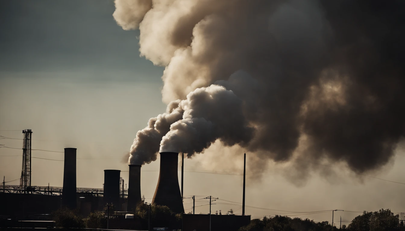 A close-up shot of a smokestack emitting dark plumes of pollution into the air, symbolizing the negative effects of industrial pollution on the environment.