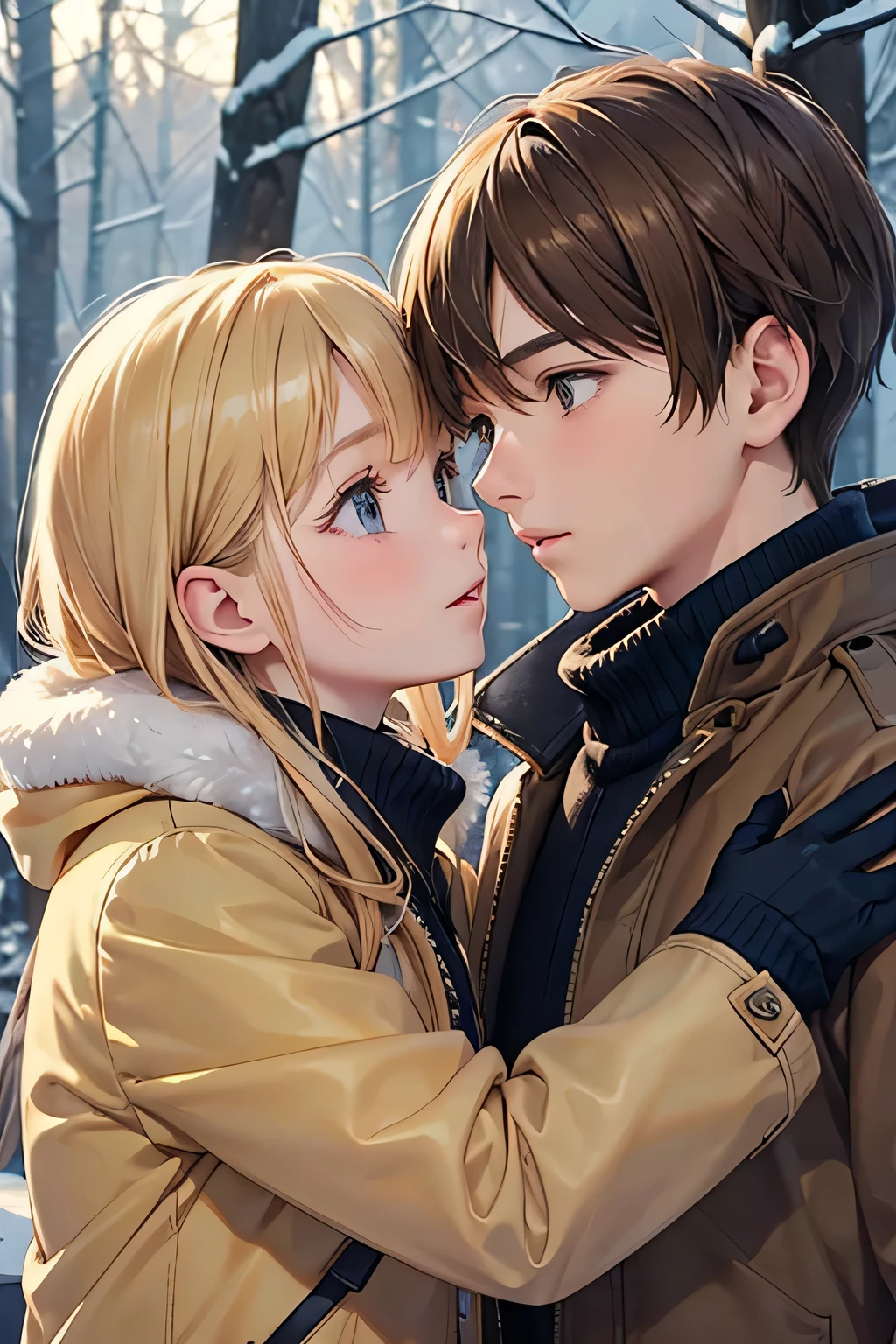 Winter landscape, Winter Forest, winter, snowfall. Beautiful blonde 13 years old. (good face rendering), dressed in a yellow-brown jacket and a brown-eyed brunette boy of 13 years old. (good face rendering), in a dark blue jacket, Kiss