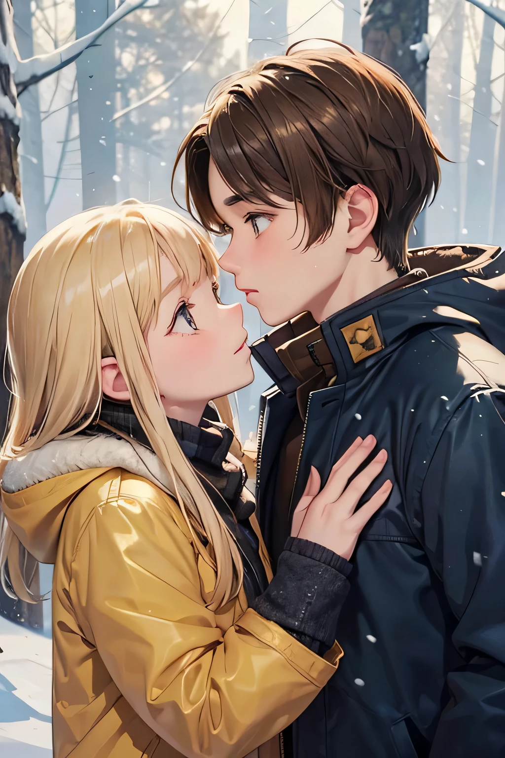 Winter landscape, Winter Forest, winter, snowfall. Beautiful blonde s old. (good face rendering), dressed in a yellow-brown jacket and a brown-eyed brunette boy of 13 year(good face rendering), in a dark blue jacket, Kiss