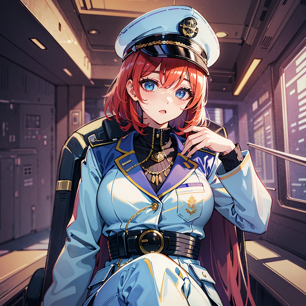 (((masterpiece、Top image quality、top-quality、highly detailed unity 8kwall-paper)))、(Illustration of one woman)、30-years old、(Viceroy)、((Red-haired shorthair))、(Thin hair hanging down both sides of the face)、Blue eyes、((Tall))、((Muscle Woman、stocky build、muscular legs、broad shoulders、solid chest))、((Military uniforms))、((Military Cap))、((Military coat))、(white clothes)、(White pants)、(White cap)、trench coat、、(((manspreading、Sitting in the captain's seat)))、(((Inside a futuristic spaceship、The Universe on the Monitor、Earth seen from space)))
