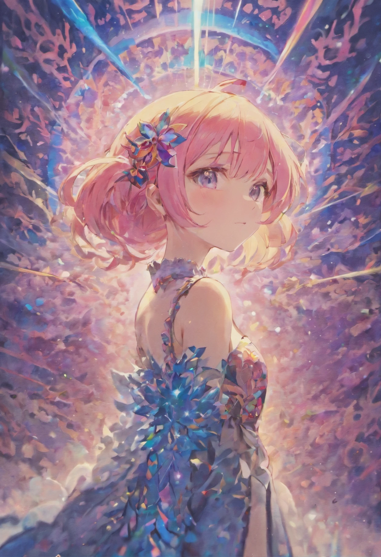 (masterpiece, top quality, best quality,watercolor (medium),official art, beautiful and aesthetic:1.2),(1girl:1.3), (fractal art:1.3),upper body, from side, looking at viewer,patterns,(rainbow color Hair,colorful hair,half blue and half pink hair:1.2),water,liquid, cloud,colorful, starry,stars,