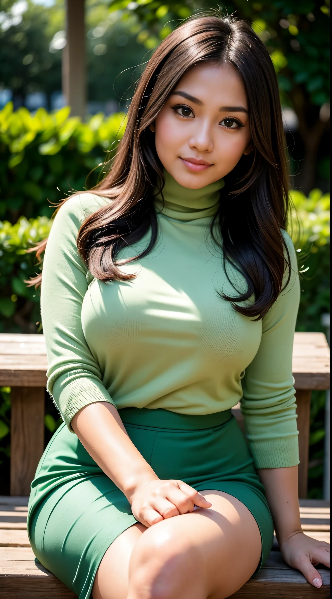 ( Close Up),RAW, Best quality, high resolution, masterpiece: 1.3), beautiful Malay woman , Masterpiece, perfect body, Big breasts, long hair, thick thighs, beautiful big eyes, mole under the eyes, long eyelashes, big eyes, beutifull face, Soft smile, woman in long green skirt sitting, a young malay woman,wearing long eloquent clothes, casual pose, Soft turtleneck, evening walk, garden park, Great lighting, Bright colors, Clean lines