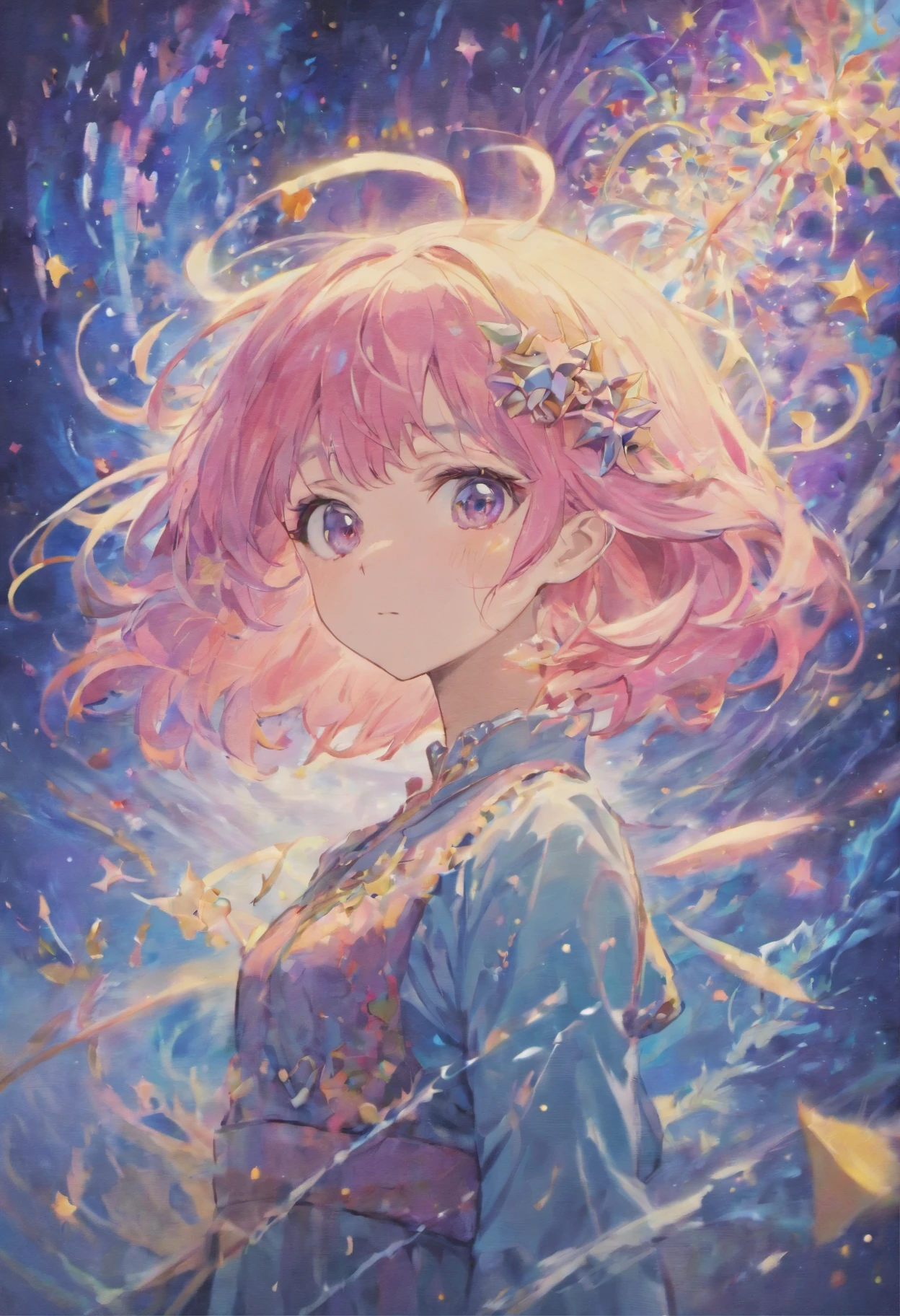 (masterpiece, top quality, best quality,watercolor (medium),official art, beautiful and aesthetic:1.2),(1girl:1.3), (fractal art:1.3),upper body, from side, looking at viewer,patterns,(rainbow color Hair,colorful hair,half blue and half pink hair:1.2),water,liquid, cloud,colorful, starry,stars,