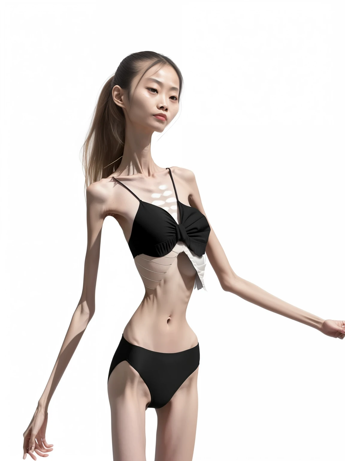 extremely thin woman，The body is very thin，Rib chest，Protruding sternum，The sternum is distinct，The waist is very thin，The ribs are noticeable，Protruding ribs，The pelvic protrusion is very obvious，Clear outline of pelvis，The crotch protrudes，thin shoulde，The waist is very thin，Sunken abdomen，Abdominal muscle atrophy，Delicate arms，arm muscle atrophy，anorexia，Asia face，Haggard expression，Wear a bikini，Excessive weight loss，sunken face，Apply lipstick，Severe malnutrition