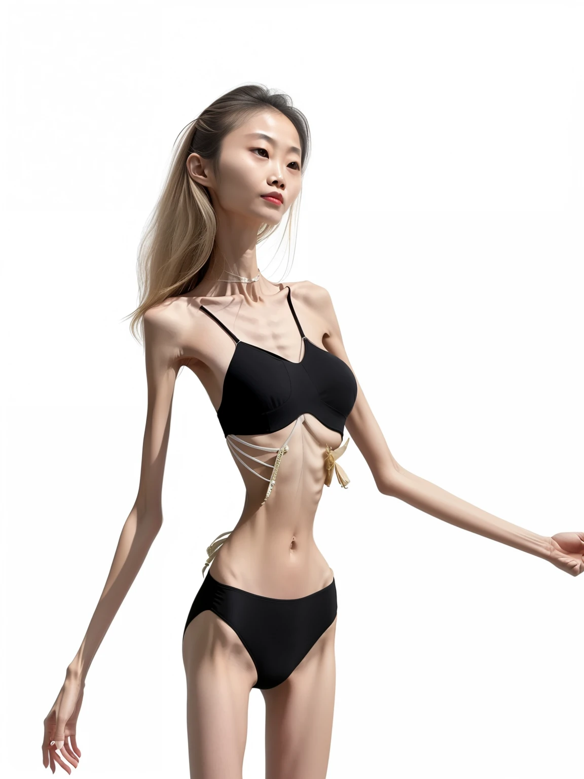 extremely thin woman,The body is very thin,Rib chest,Protruding sternum,The sternum is distinct,The waist is very thin,The ribs are noticeable,Protruding ribs,The pelvic protrusion is very obvious,Clear outline of pelvis,The crotch protrudes,thin shoulde,The waist is very thin,Sunken abdomen,Abdominal muscle atrophy,Delicate arms,arm muscle atrophy,anorexia,Asia face,Haggard expression,Wear a bikini,Excessive weight loss,sunken face,Apply lipstick,Severe malnutrition