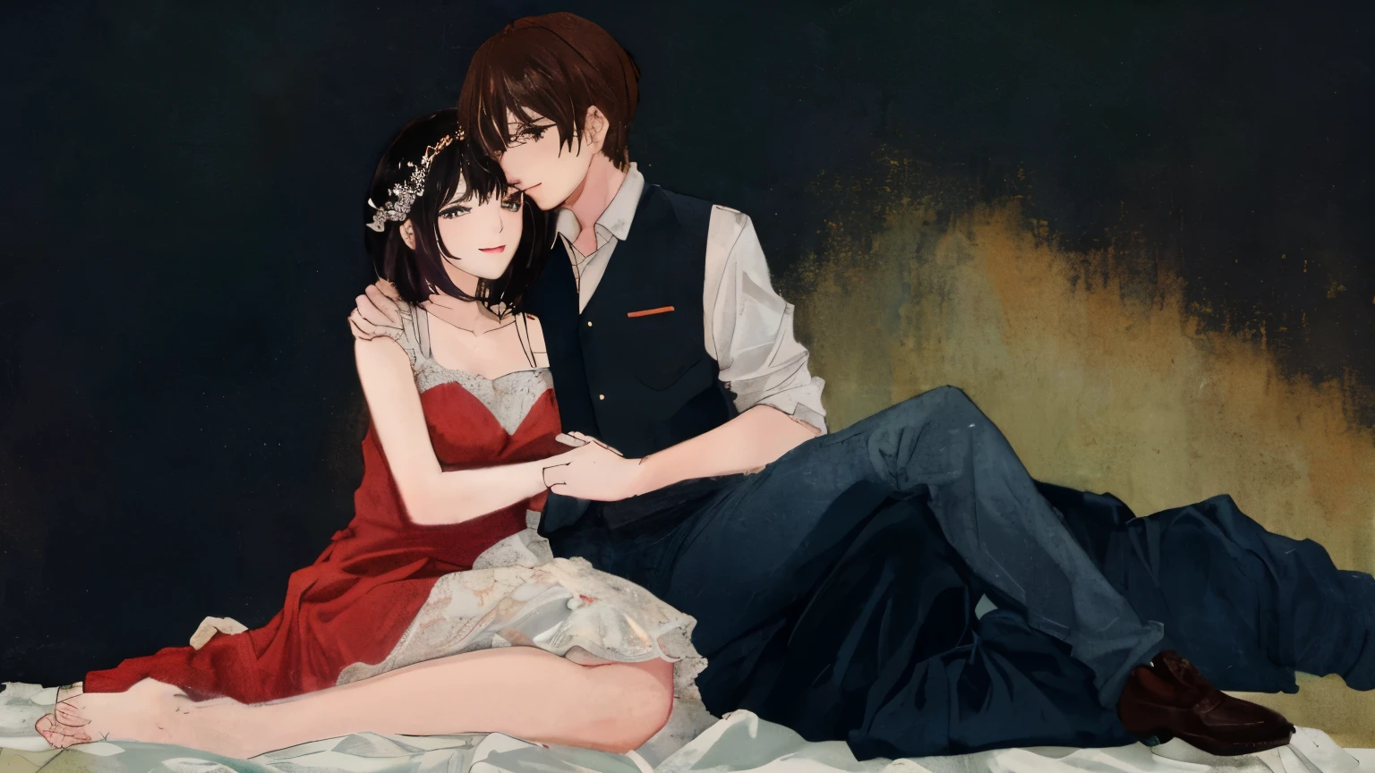 There is a man and a woman sitting together on a blanket,  Beautiful painting style, couple pose,, cute couple,