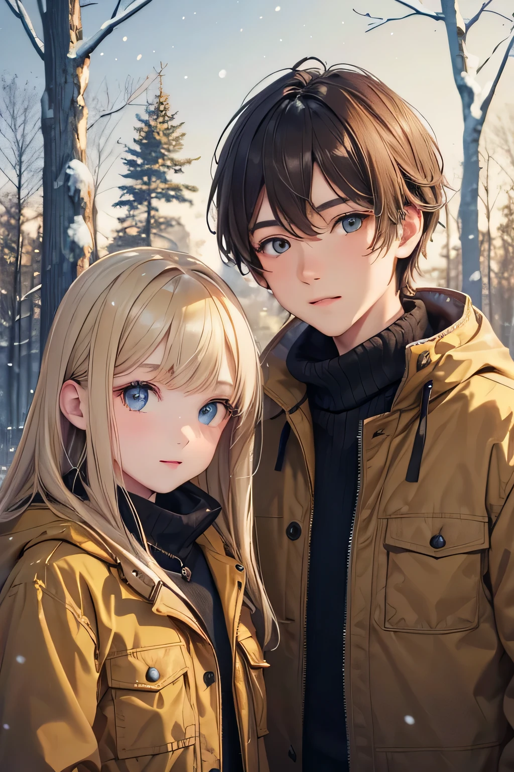 Winter landscape, Winter Forest, winter, snowfall. Beautiful blonde . (good face rendering), wearing a tan jacket, hanging on the neck of a brown-eyed brunette boy 13 years oldrendering), in a dark blue jacket,