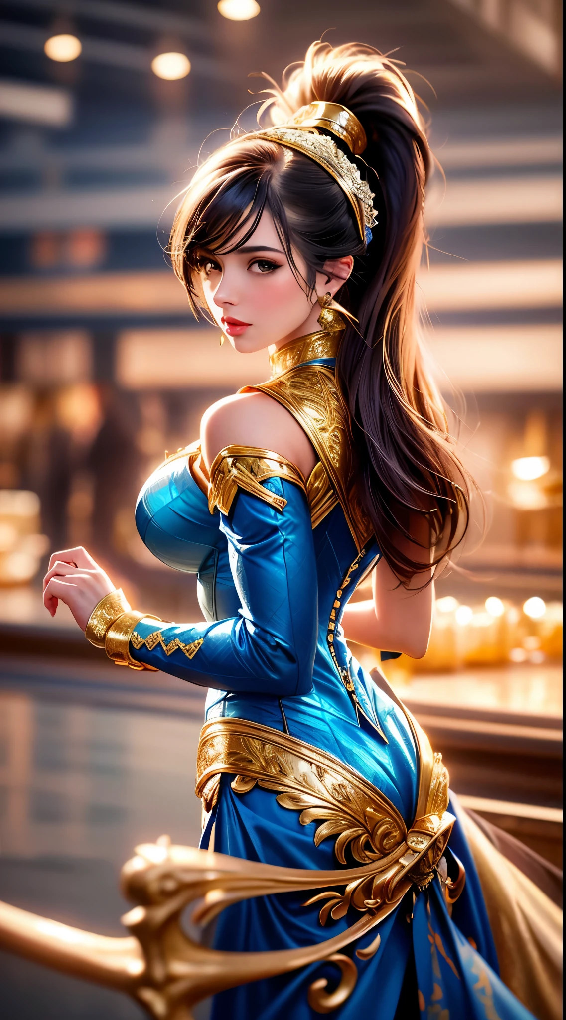 A beautiful princess in a blue and gold Corset and suit, majestic look, extremely detailed artgerm, artgerm. high detail, artgerm detailed, style artgerm, artgerm style, in style of artgerm, samira from league of legends, cinematic goddess body shot, style of artgerm, alena aenami and artgerm