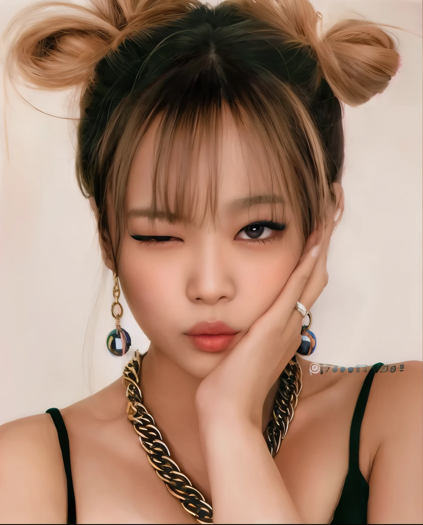 araffe woman with messy bun with necklace and earrings, Lalisa Manobal, fotorrealista!!!!!!! estilo de arte, detailed face of a asian girl, Lalisa Manoban do Blackpink, #1 pintura digital de todos os tempos, # 1 pintura digital de todos os tempos, realismo artstyle, pintura digital brilhante, kawaii retrato realista, Asian face