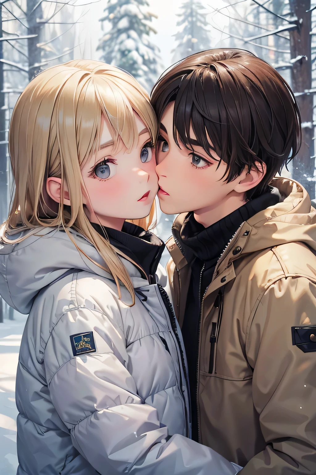 (superflat, flat shading, flat colors:1.1), (winter:1.2), (snow:1.2), (city street), 2girls, petite, loli, 10yo child, flat chest, blonde hair, (white bra:1.2), knitted hat, blush, (kissing:1.2), selfie, view from below, (low angle), winter, snow, bright sunlight, best shadows, watercolor,