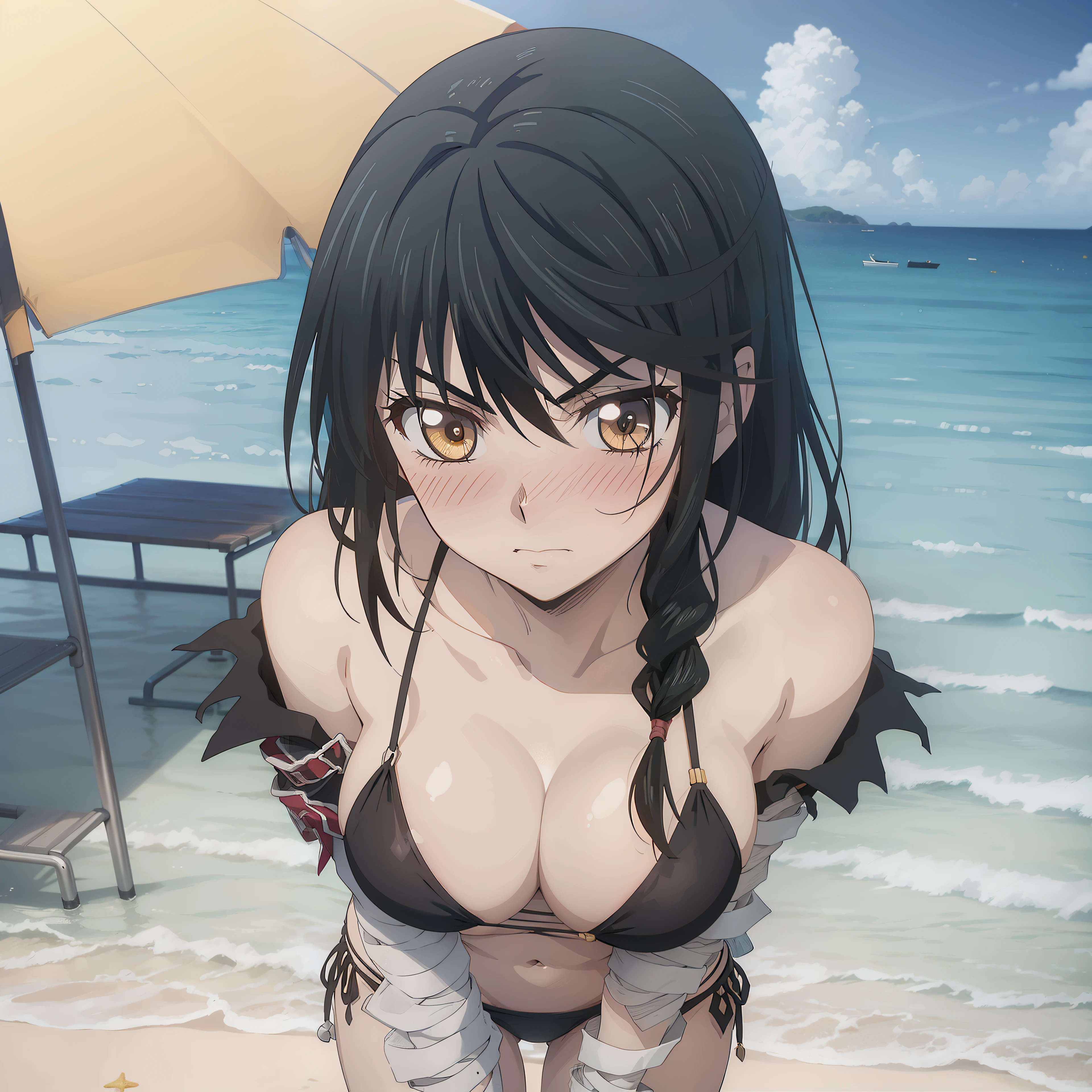 masutepiece, Best Quality, hight resolution, Black hair, Yellow eyes, Cowboy Shot, Standing, Beach, Black Micro Bikini, embarrassed, blush, Sexy Pose,His left arm was completely bandaged.,