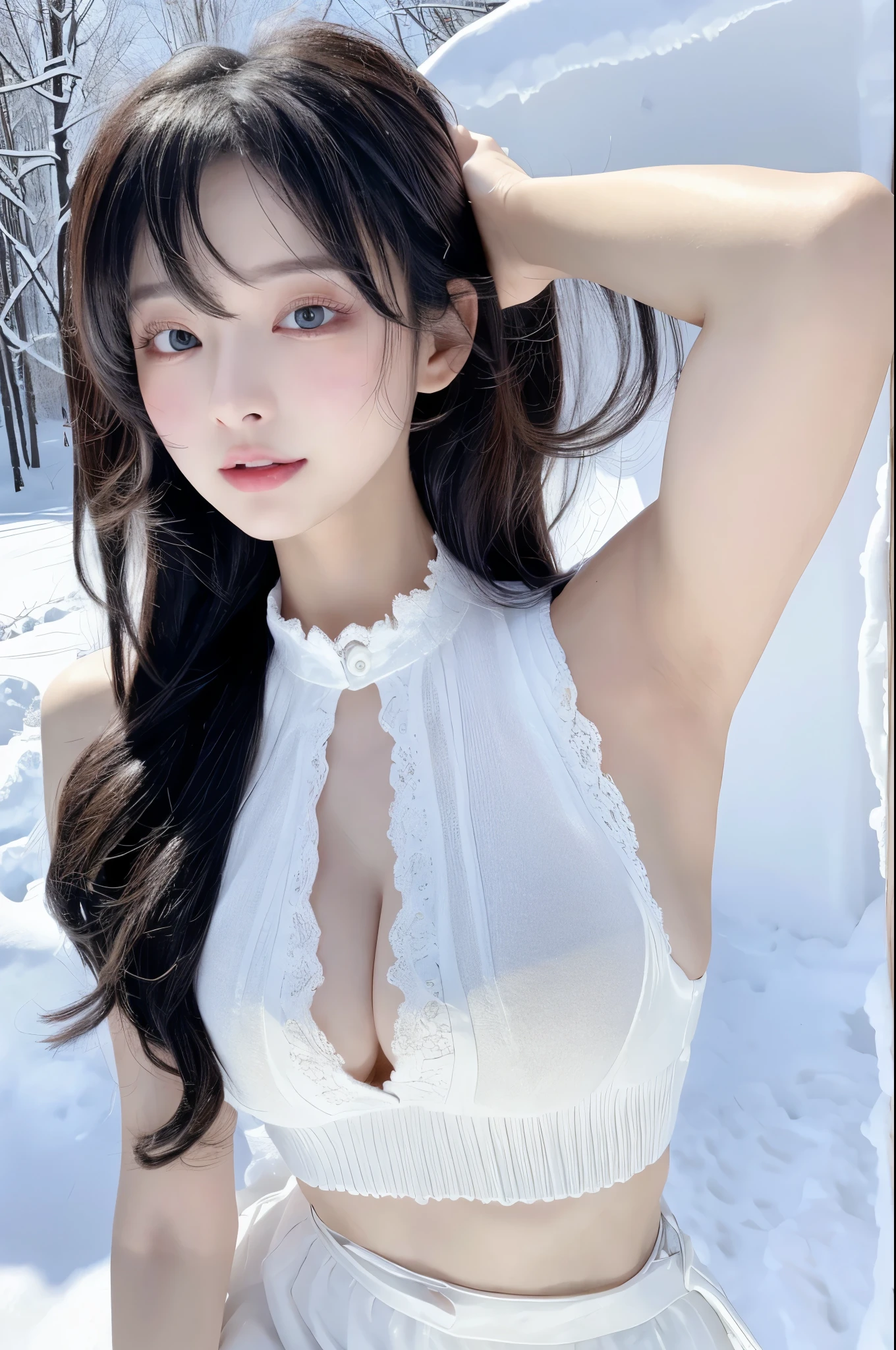 Beautiful woman with perfect figure:1.4,Layered Hair Style,potruding nipple:1.5,Black suspenders,Highly Detailed Face and Skin Textur,二重まぶた,Whitening Skin,Long snow-white hair