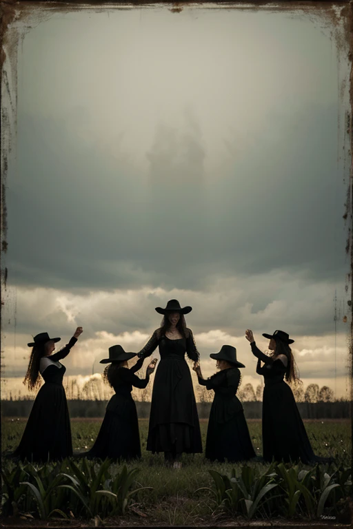 In a corn field, some witches dance with the devil.Old witches, creepy witches, dark, deformed faces, in Thomas Wilmer Dewing painting style. Horror. serial killers. Dark. drama. eerie