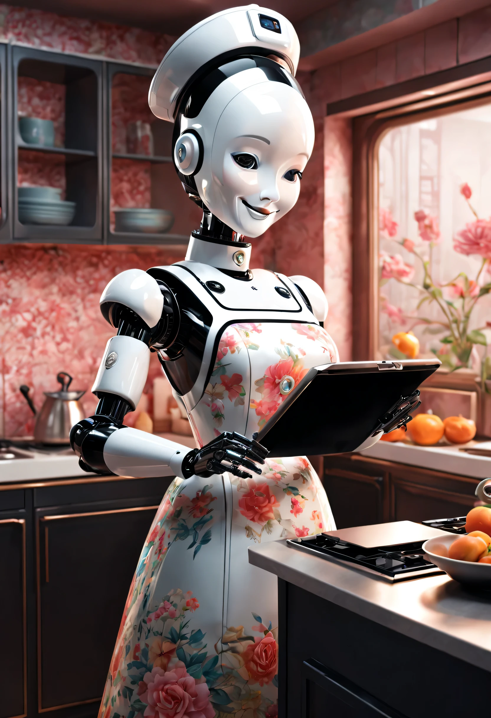 Qingdao Qifeng Customs,  Robot butler cooks in retro floral skirt, The head is equipped with a high-definition analog face display, Warm and friendly smile, Wearing a holographic white butler uniform, Background with: Surreal kitchen, Future character design, scientific fiction, Black technology, 3D,