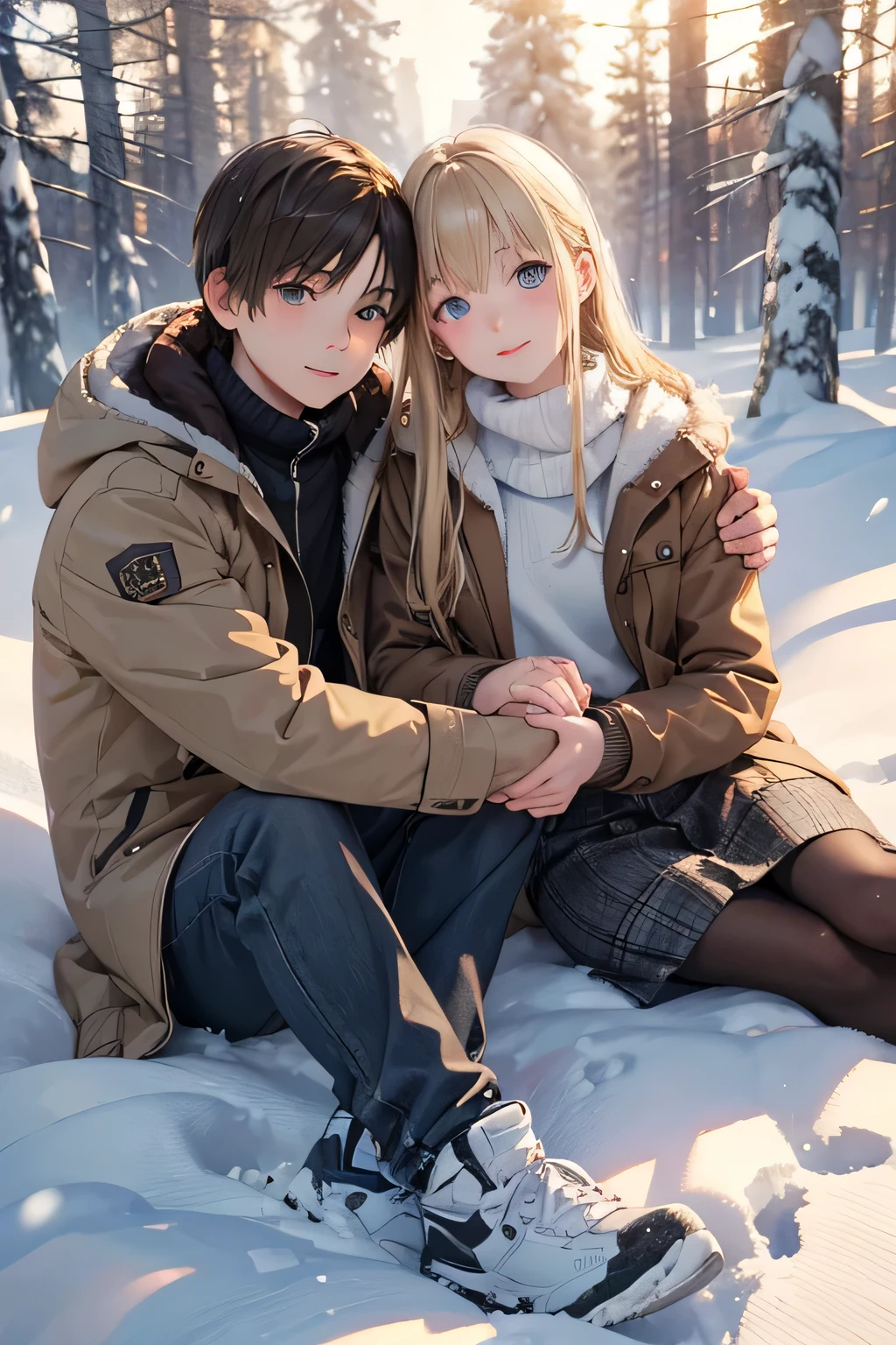 Winter landscape, Winter Forest, winter, snowfall. Pretty blonde girl 13-years old with gray eyes (good face rendering), In a brown jacket, and a brown-eyed brunette, 13-years old (good face rendering) Cuddling