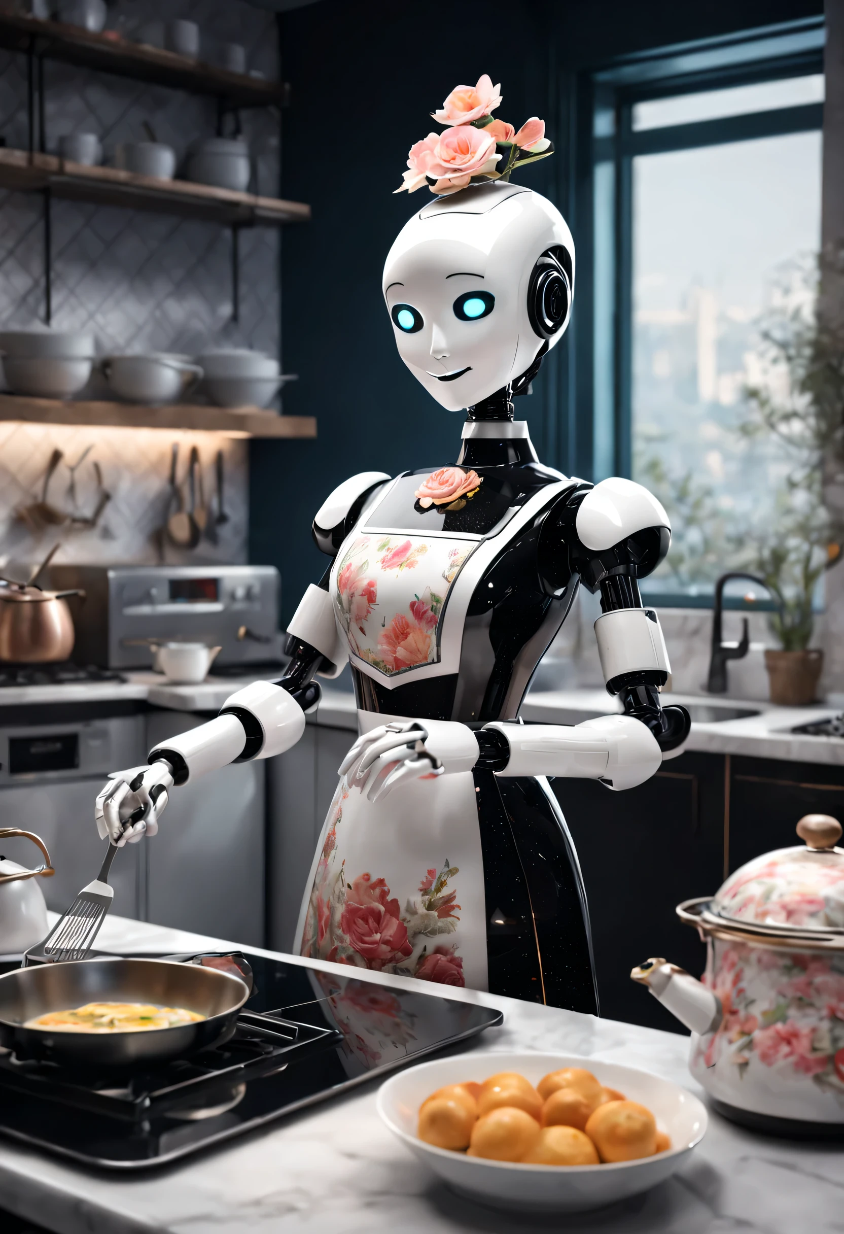 Qingdao Qifeng Customs,  Robot butler cooks in retro floral skirt, The head is equipped with a high-definition analog face display, Warm and friendly smile, Wearing a holographic white butler uniform, Background with: Surreal kitchen, Future character design, scientific fiction, Black technology, 3D,