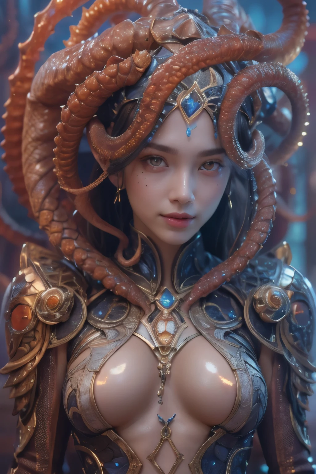 Portrait, (beautiful female alien:1.2), (she has red eyes with no pupils:1.8), (Translucent skin:1.7), (There is a female genital-like organ in the middle of the forehead.:1.9), (The most beautiful face in the history of the universe:1.2),an evil gaze that seduces, (large mouth:1.1), (sharp teeth like a vampire:1.2), Full body like, (bio luminescent:1.5), (Smile wickedly:1.3), (sexypose:1.5), alien, No humans, cells are fused, (Lots of translucent tentacles:1.3) extraterrestrial, cell, bio image, Best Quality, 8K,4K_quality, High Definition, Dramatic Lighting, masutepiece:1.5,cinematic quality, detail up, (Intricate details:1.2), High resolution, High Definition, drawing faithfully, (Thick eyebrows:1.2), Beautiful eyes with fine symmetry,(Highly detailed face and eyes:1.2), Intimate face, (Super detailed skin quality feeling:1.4), Perfect Anatomy, (Beautiful toned body:1.5), (Moist skin:1.2), No makeup, (dark circles:1.1), long canines, cinematic drawing of characters, ultra high quality model, cinematic quality, detail up, (Intricate details:1.2), High resolution, High Definition, drawing faithfully, Official art, Unity 8K wall , 8K Portrait, Best Quality, Very High resolution, ultra detailed artistic photography, midnight aura, unreal enginee 5, Ultra Sharp Focus, art by alberto seveso, ArtGerm, Roisch, intricate artwork, best quality, masutepiece, ultra High resolution, (photos realistic:1.4), Ultra-realistic realism, dream-like, nautilus, Creation of fantasy, Snail, Dream Snail, biopunk nautilus, Thrilling color schemes, Ultra-realistic realism, seductively smiling, Blue tentacles,