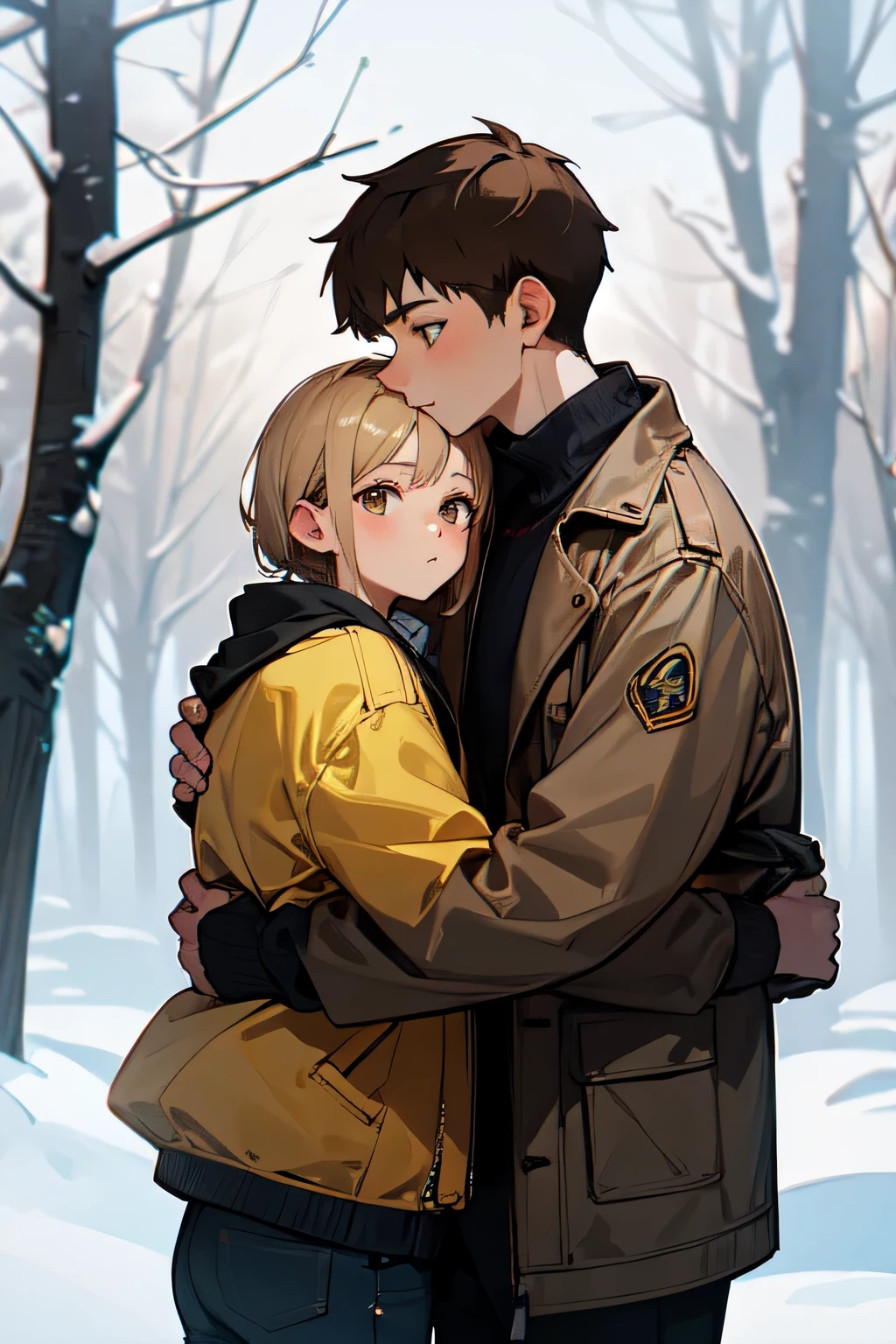 Winter landscape, Winter Forest, winter, snowfall. Beautiful blonde 13 years old., dressed in a yellow-brown jacket and a brown-eyed brunette boy of 13 years old., in a dark blue jacket, hugging each other