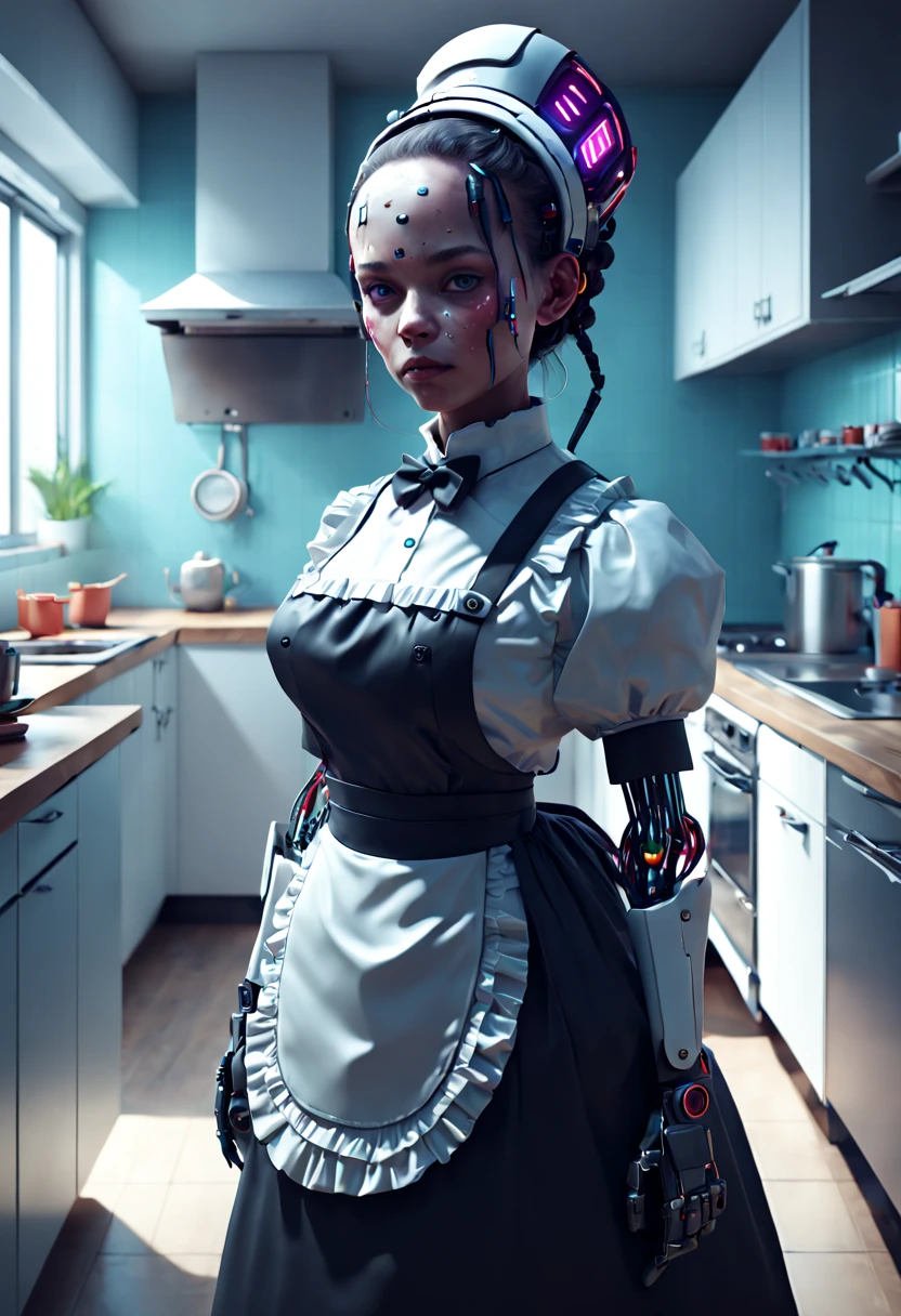 by Beeple, cyborg, Maid attire, kitchen, enhance, intricate, (best quality, masterpiece, Representative work, official art, Professional, unity 8k wallpaper:1.3)