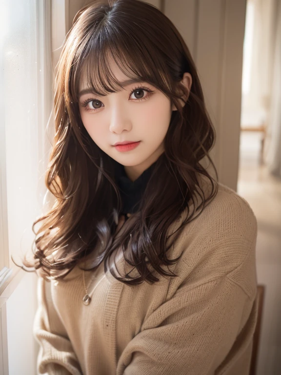 masutepiece, Best Quality, Illustration, Ultra-detailed, finely detail, hight resolution, 8K Wallpaper, Perfect dynamic composition, Beautiful detailed eyes, Winter clothes,Medium Hair,Natural Color Lip, Home front door(Curly)、20 years girl、Cute、Please show your face to the camera,Face that feels ecstasy,blur backgroun,KPOP Idol Face,Cute,Shoot from a little above,Kamimei,Anatomically correct body
