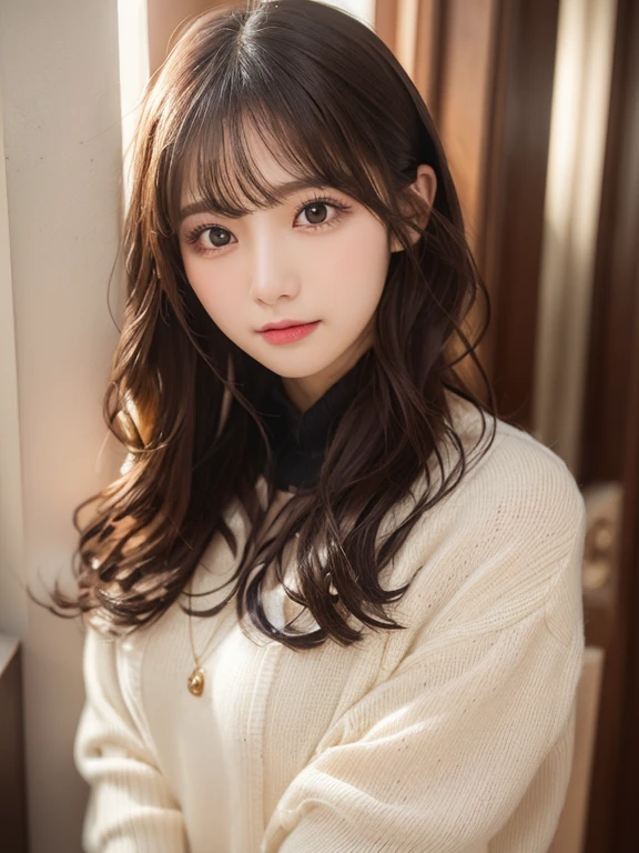 masutepiece, Best Quality, Illustration, Ultra-detailed, finely detail, hight resolution, 8K Wallpaper, Perfect dynamic composition, Beautiful detailed eyes, Winter clothes,Medium Hair,Natural Color Lip, Home front door(Curly)、20 years girl、Cute、Please show your face to the camera,Face that feels ecstasy,blur backgroun,KPOP Idol Face,Cute,Shoot from a little above,Kamimei,Anatomically correct body