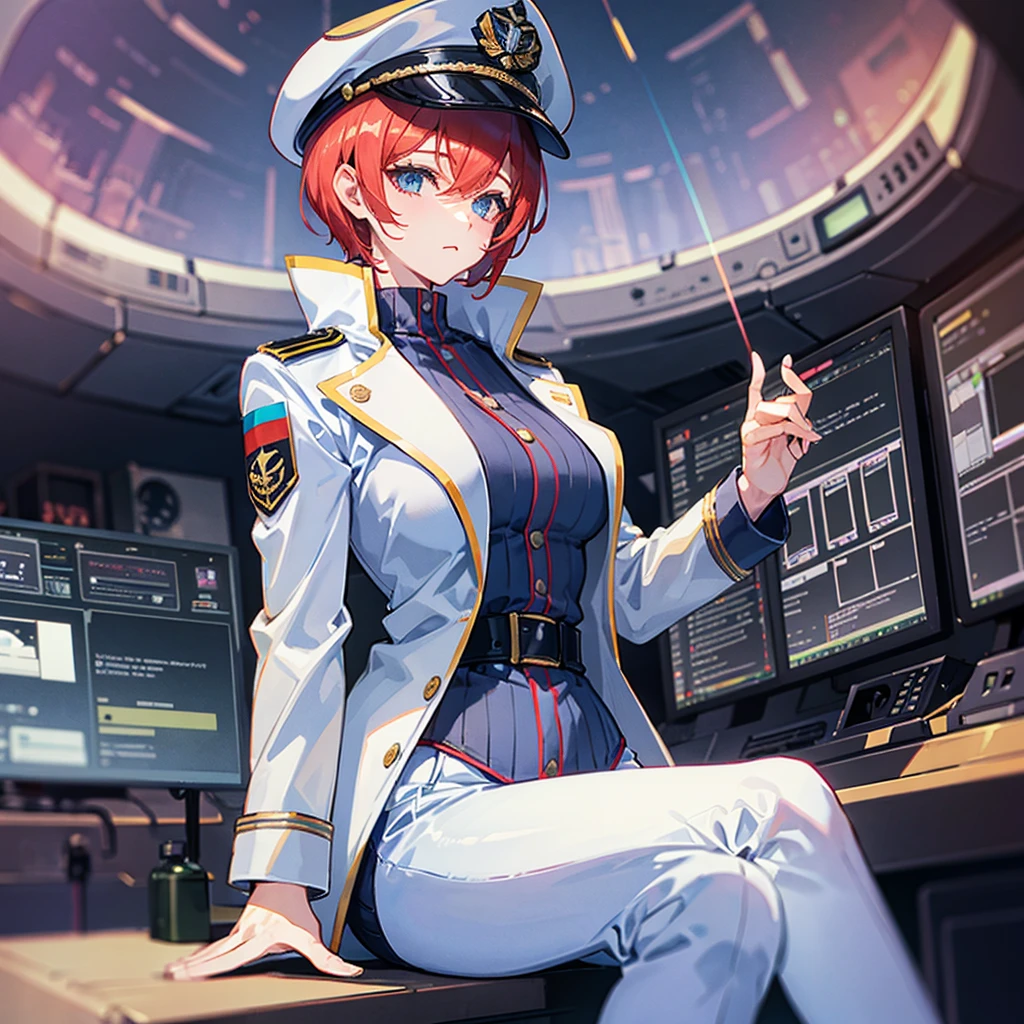 (((masterpiece、Top image quality、top-quality、highly detailed unity 8kwall-paper)))、(Illustration of one woman)、30-years old、(Viceroy)、((Red-haired shorthair))、(Thin hair hanging down both sides of the face)、Blue eyes、((Tall))、((Muscle Woman、stocky build、muscular legs、broad shoulders、solid chest))、((Military uniforms))、((Military Cap))、((Military coat))、(white clothes)、(White pants)、(White cap)、trench coat、、(((manspreading、Sitting in the captain's seat)))、(((Inside a futuristic spaceship、Surrounded by instruments and monitors、The Universe on the Monitor、Earth seen from space)))